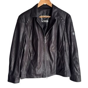 Barbara Lebek Faux Suede Jacket Sz L Black Full Zip Moto Chic Edgy Biker EUC